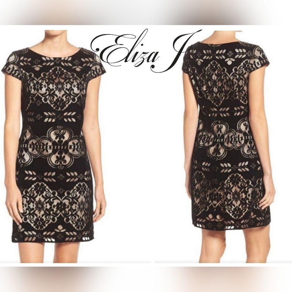 Elisa J. Black velvet lace geometric dress short sleeved size 6 Nwt